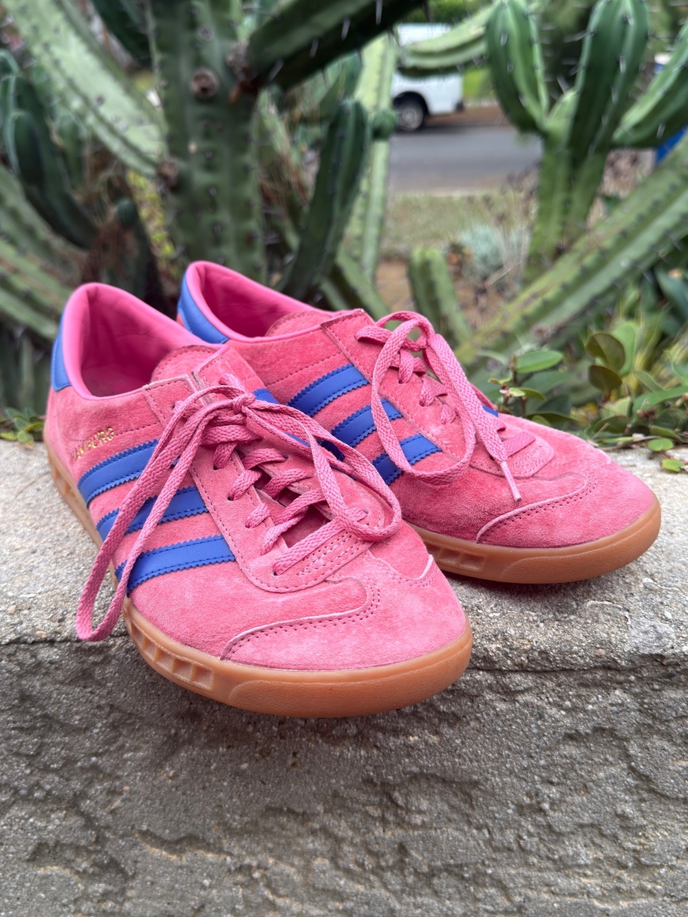 adidas Pink Suede Sneakers with Blue Stripes and Gum Sole